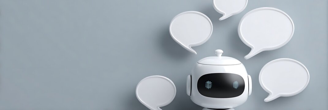 AI chatbot robot head surrounded by empty speech bubbles representing automated customer service and virtual assistant communication on a clean minimalist grey surface