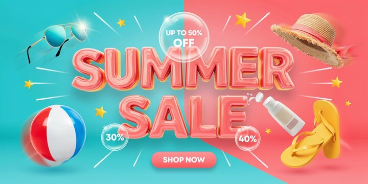 Summer sale announcement with vibrant colors and beach accessories for seasonal shopping promotions and advertising campaigns offering discounts and special deals.