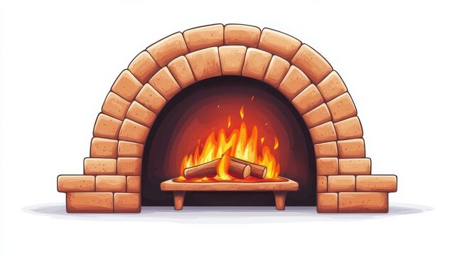 arched brick fireplace with burning logs on a low grate, glowing flames and a warm cozy inviting hearth