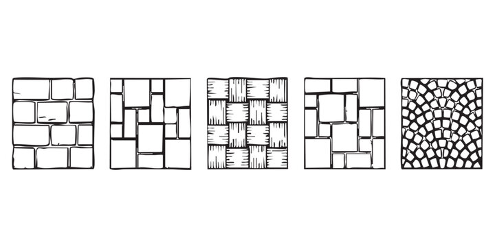 Set of five different hand drawn stone and brick paving patterns for garden path design