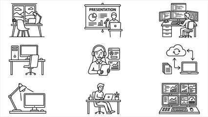 Obraz premium Minimalist Remote Work and Office Workspace Line Icons Set Isolated on White Background