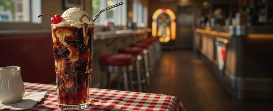 Classic root beer float with whipped cream and cherry in tall glass on red and white checkered tablecloth at retro diner with jukebox in background.