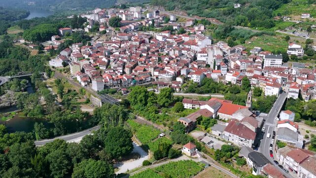 Aerial View of the Medieval Village of Ribadavia at the Confluence of the Mi&ntilde;o and Avia Rivers in Galicia Spain