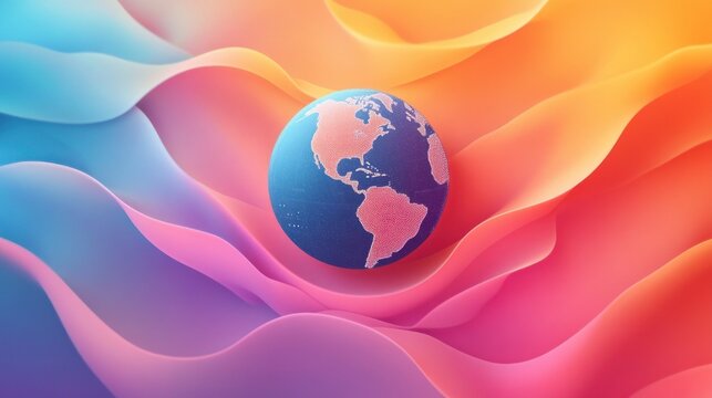 Stylized floating globe showing the Americas surrounded by flowing colorful gradient waves, evoking warmth, serenity, and optimistic harmony