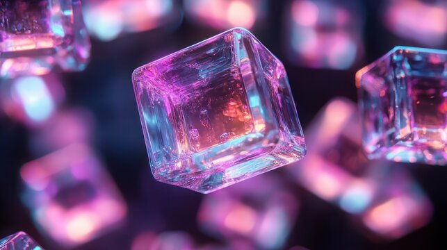 floating translucent glass cubes bathed in neon purple and blue light, dreamy futuristic glow