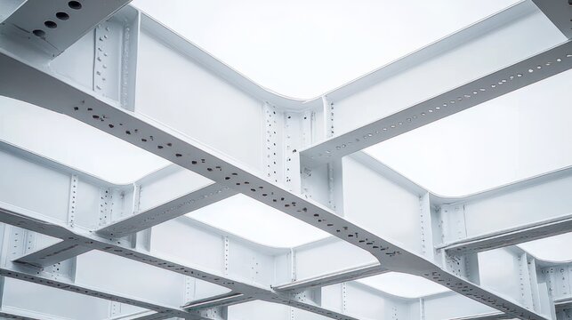 white painted steel beam grid ceiling with riveted joints and skylight panels, minimalist geometric composition conveying airy calm and modern industrial elegance