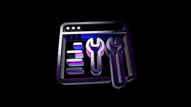 Shiny neon 3d icon of a website browser window with tools and wrench symbols for tech support 3D Icon