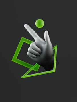 A 3D hand points at a green sphere, surrounded by green geometric shapes against a dark background. Conceptual 3D abstract composition with theatrical and professional vibes.