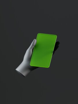 A grey hand holds a bright green smartphone against a dark grey background. 3D abstract composition illustration for theatrical or corporate use.