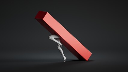 A white humanoid figure struggles to hold a large red rectangular block upright against a dark background. © NeoLeo