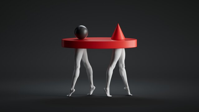 Two white figures carry a red platform with a black sphere and red cone on top against a dark background. 3D render of a surreal abstract sculpture or stage performance.