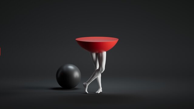 A surreal figure with a red bowl for a head walks beside a black sphere on a dark background. Surreal 3D illustration blending abstract sculpture and theater aesthetics.