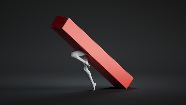 A white humanoid figure struggles to hold a large red rectangular block upright against a dark background.