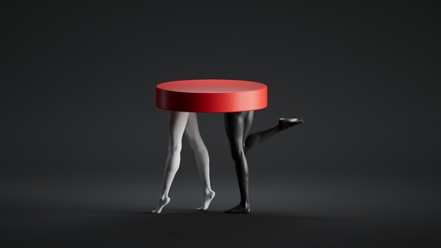 Two legs support a red circular platform against a dark background. 3D artwork featuring a surreal abstract sculpture and theatrical atmosphere.