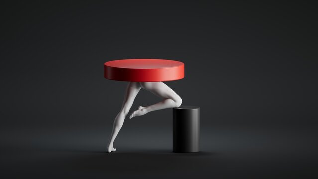 A surreal scene features a white figure's legs balancing a red circular platform on a black cylinder against a dark background. 3D render of a surreal abstract sculpture or stage performance.