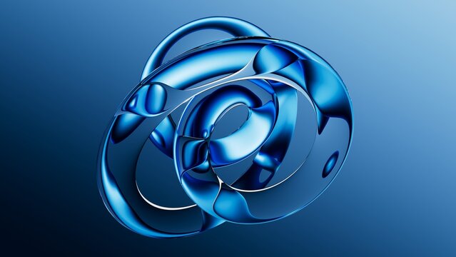 A glossy blue abstract sculpture twists in a gradient background, showcasing smooth curves and reflective surfaces. 3d render illustration.