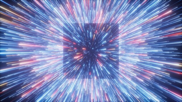 Intense neon light beams form a glowing square portal in a rushing star field. Futuristic abstract image for technology, metaverse, and sci-fi concepts.
