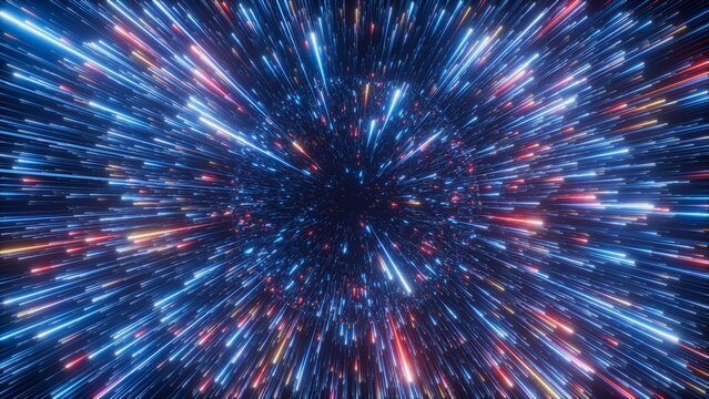 Explosive neon starburst with blue and red light trails rushing through deep space. Futuristic abstract background for speed, energy, and sci-fi design themes.