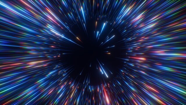 Multicolored light trails race into a dark center, creating a hyperspace tunnel effect. Futuristic abstract background for speed, data flow, and digital technology themes.
