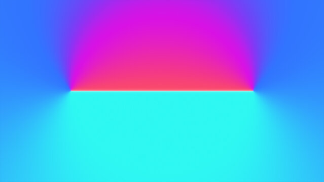 A vibrant gradient background features a glowing red line with a pink arc above, set against blue and cyan hues.