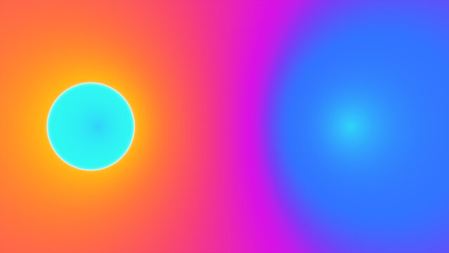 A gradient background transitions from orange to purple, featuring a bright cyan circle on the left and a soft blue glow on the right.