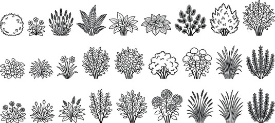 Fototapeta premium Minimalist garden plant icons set, 27 black and white line art shrub and bush vector elements, botanical landscape architecture symbols for site plans