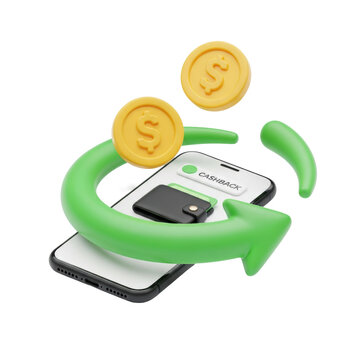 High-angle 3d render of a sleek black smartphone displaying a minimal digital wallet ui, encircled by a glossy green claymorphism arrow, isolated on transparent, successful conceptual representation