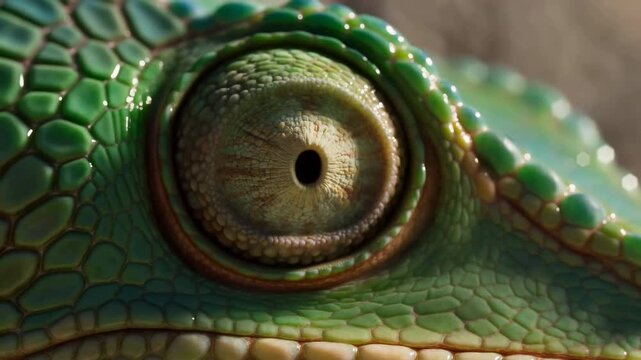 Extreme macro view of reptile eye with textured scales, round dark pupil, layered eyelid folds and subtle shifting highlights across glossy iris and raised polygon skin