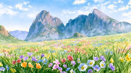 Obraz premium Vibrant wildflower meadow meets majestic mountains tranquil serene landscape stock illustration art concept