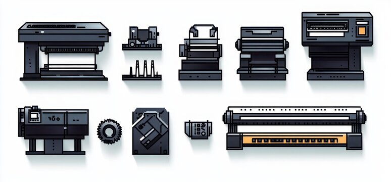 row of stylized large format printers, printheads, rollers, cartridges and machine components in clean precise vector icons conveying technical professionalism