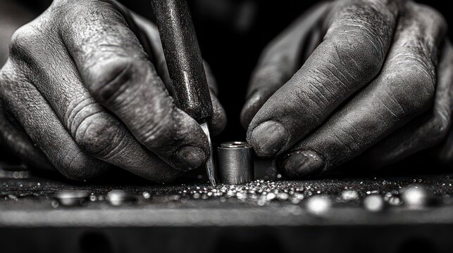 Gritty close-up of calloused hands using a pointed tool to place tiny metal beads into a small metal cylinder, conveying focused concentration and meticulous craftsmanship