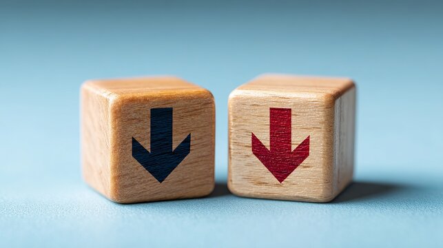 Wooden blocks with up and down arrows, business comparison and financial market trend concept.