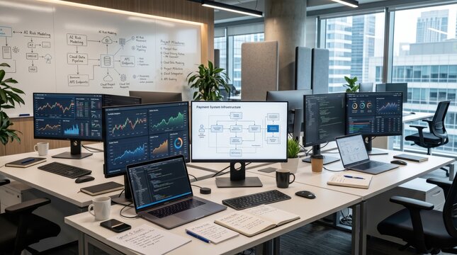 Fintech team collaborating on payment system architecture diagram displayed on whiteboard with multiple monitors showing real time financial data analytics in modern open plan