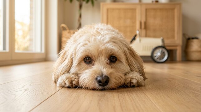 Adorable small fluffy dog lying on light oak wooden floor in a bright cozy modern living room interior looking at camera with cute eyes, perfect for pet care lifestyle and domestic home concepts now..