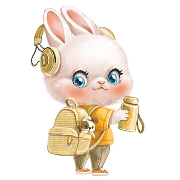 Cute cartoon white bunny with school backpack and  thermos in paw
