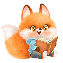 Fototapeta premium Cute cartoon fluffy red fox with a book sit on a white background