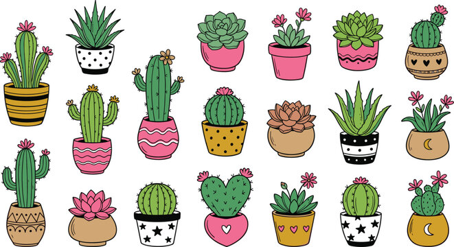 Cute hand drawn potted cactus and succulent elements vector set with colorful flowerpots for interior designs