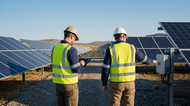 Two engineers inspecting solar panels in a photovoltaic power plant, checking data on tablet and electrical box for renewable energy maintenance.