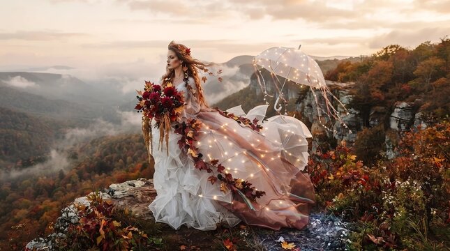 Woman in tulle dress holding autumn bouquet and glowing umbrella standing on mountain cliff. Fairytale forest queen in fall landscape. Fantasy magic concept and outdoor portrait.