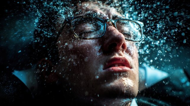 Young businessman wearing glasses experiencing intense stress, water splash exploding around his head as a metaphor for overwhelming thoughts