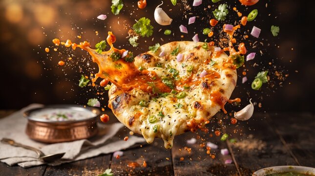 Cheese Kulcha with splashing sauce