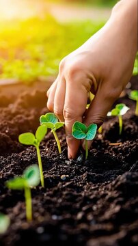 A hand is planting a seedling in the dirt. The seedling is small and green. The hand is gently placing the seedling into the soil
