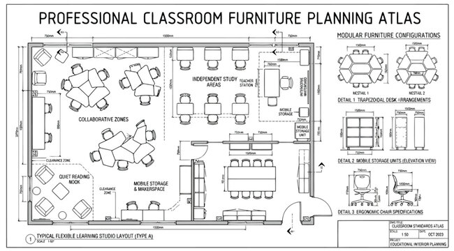 Professional classroom furniture planning atlas with flexible learning space layouts