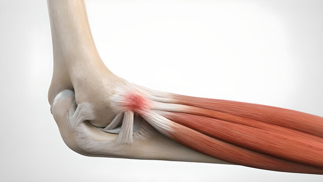 Tennis elbow lateral epicondylitis with inflamed common extensor tendon in a photorealistic 3D elbow joint anatomy render for medical education, healthcare design, and patient information
