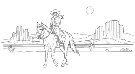 Obraz premium Cowgirl Riding A Horse In Desert Landscape Black And White Line Art Illustration