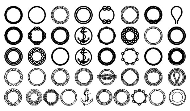 Maritime Rope Circle Frame Vector Collection Featuring Nautical Borders, Anchor Emblems, Knotted Rings and Marine Badge Elements