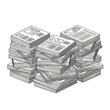 Three asymmetrical stacks of thick, glossy print magazines, featuring abstract vector news covers, rendered in precise 'ligne claire' isometric style against a sterile white concept of accumulated