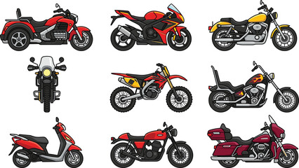 Modern motorcycle types and motorbike models vector collection with sportbike chopper dirtbike cruiser scooter and trike © Shukimon