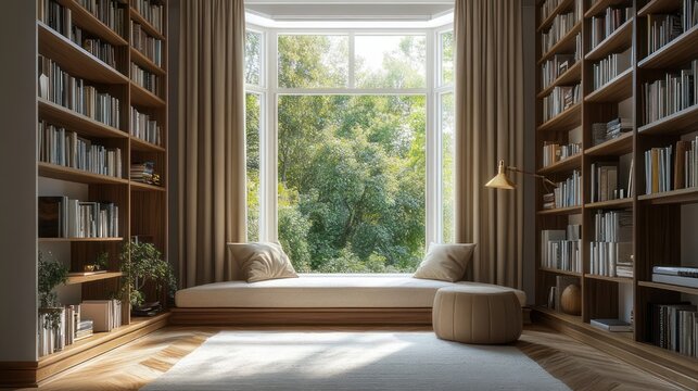 cozy sunlit reading nook with built-in window seat, cushions and pouf flanked by tall bookshelves, floor lamp and leafy green view, evoking calm and relaxation