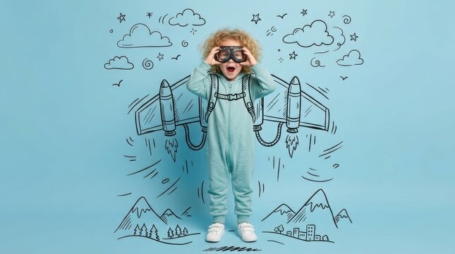 Enthusiastic imaginative little child wearing vintage aviator goggles standing before hand-drawn jetpack wings on blue background capturing the pure joy of childhood dreams and limitless creativity